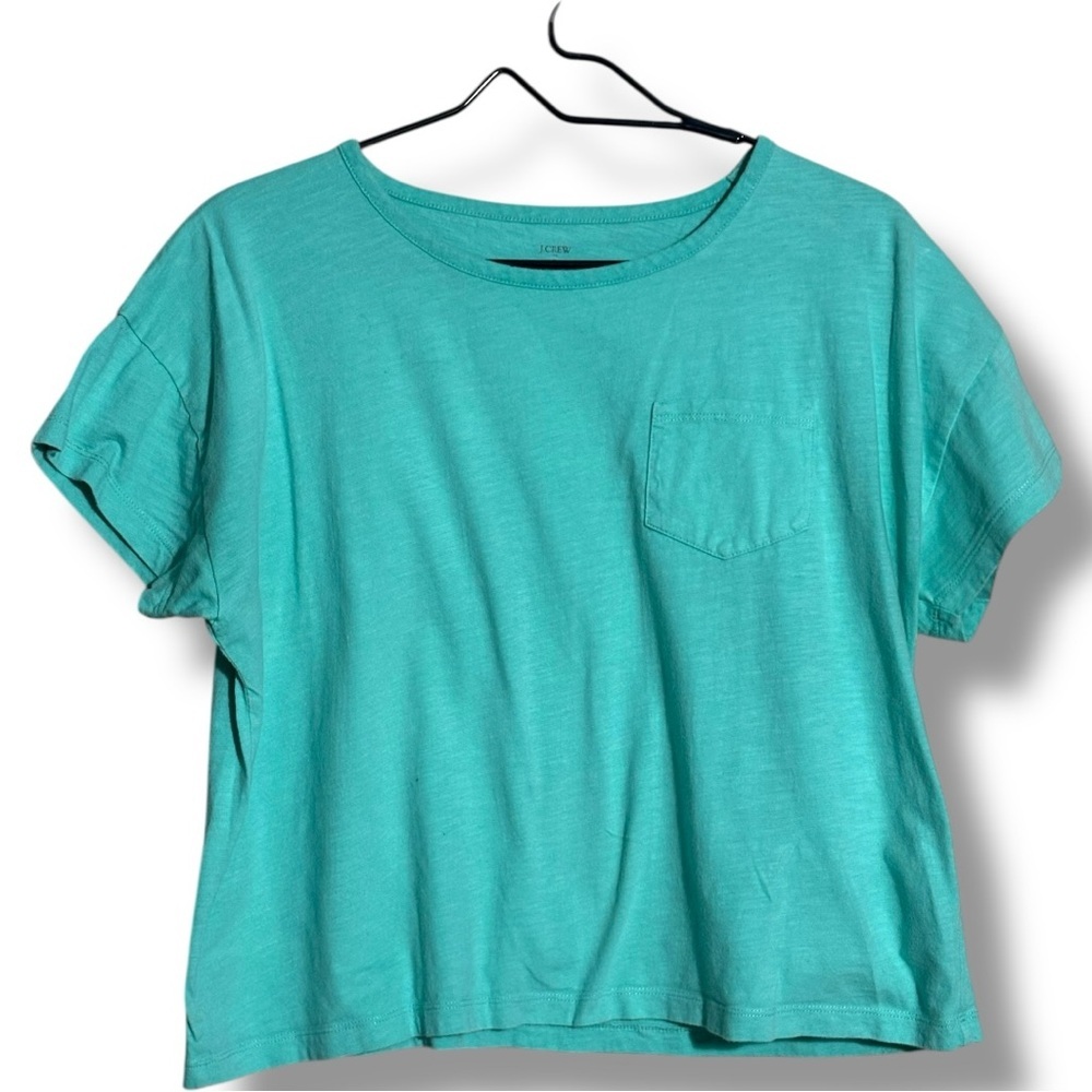 J. Crew Vibrant Light Teal Boxy Cropped Cotton Simple Short Sleeve Tee - Picture 15 of 16